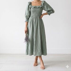 Smocked Puff Sleeve Maxi Dress in Sage Green
